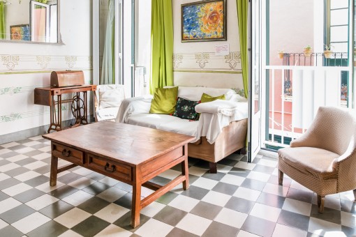 Bright living area with beautiful tiled floor