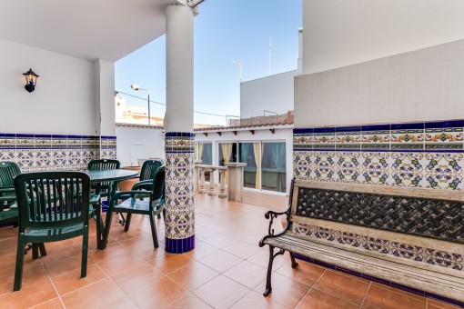 Terrace with beautifully tiled wall
