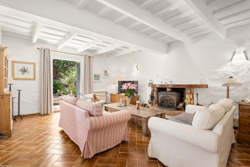 Typical menorca living area with fireplace